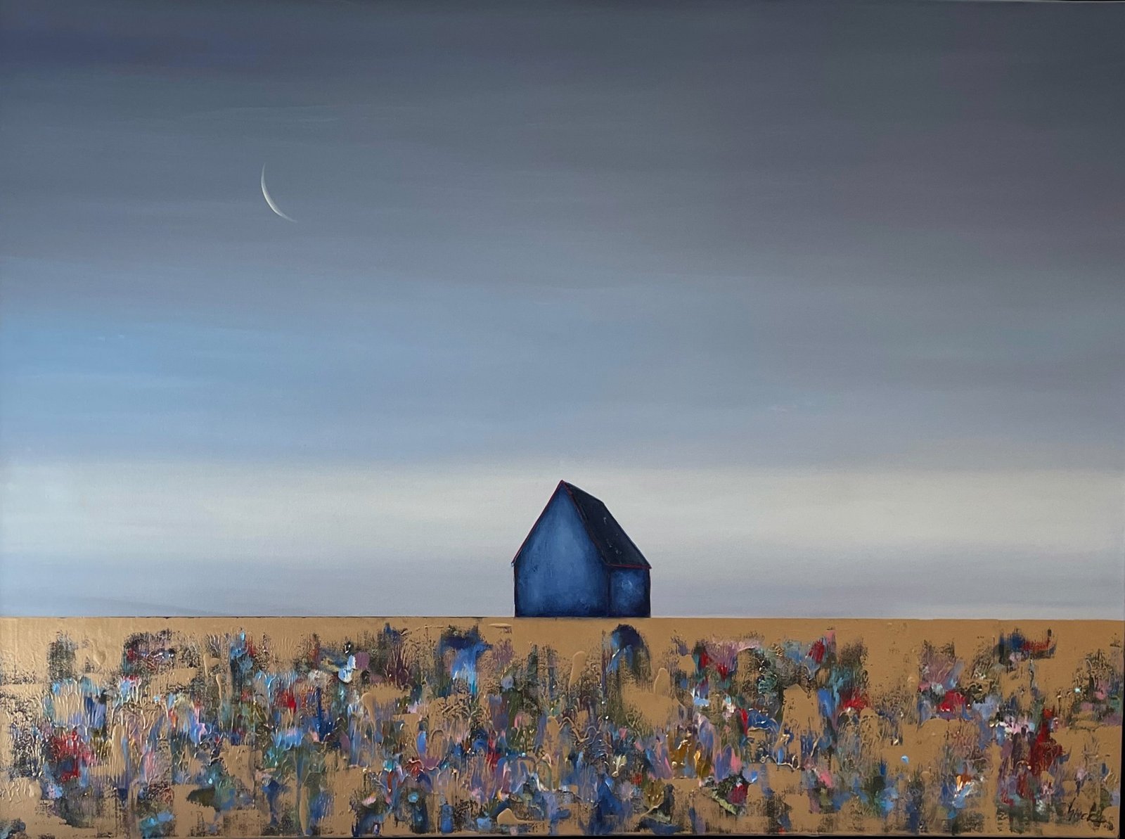 In Golden Fields Blue Barn Crescent Moon by  Marketa Sivek by Marketa Sivek
